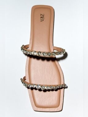 NEW Zara Tan Flat Slide Sandals With Rhinestones
